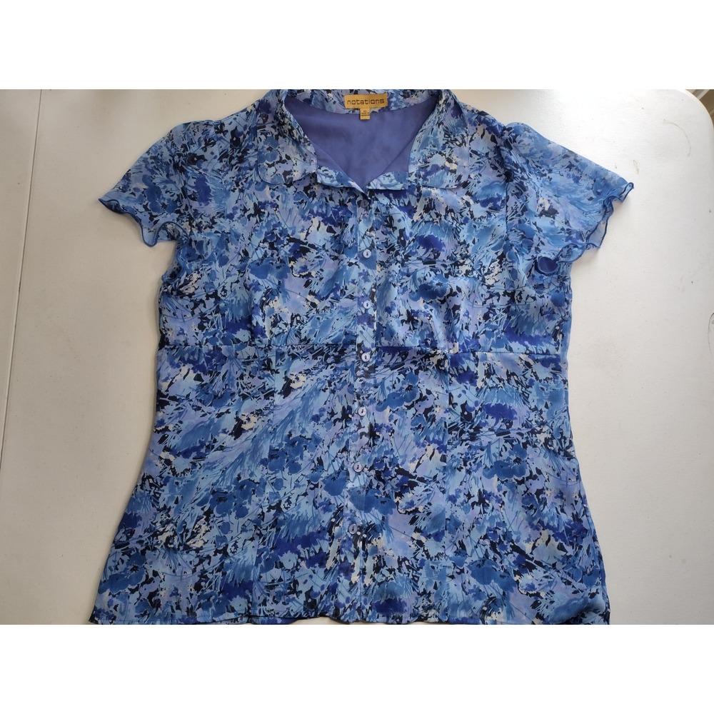 Notations Blue Floral Print Short Sleeve Button Up Shirt Women XL